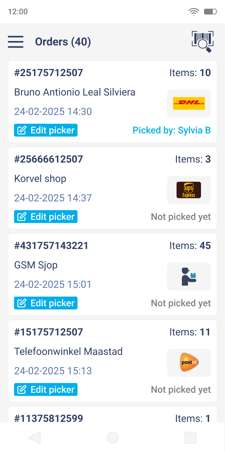 Foneday magazijnapp – orderoverzicht